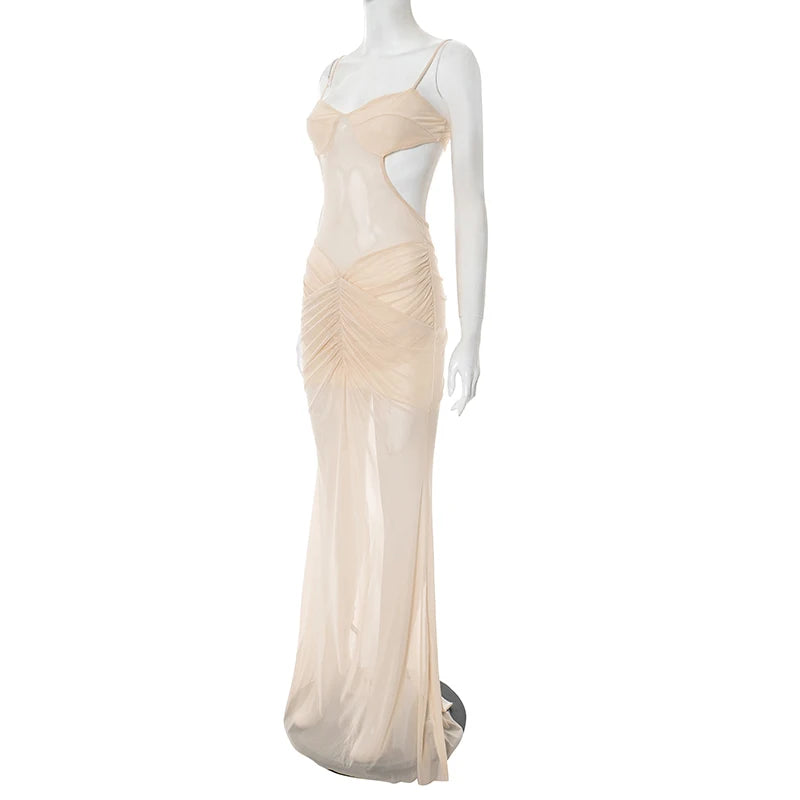 Sexy Off Shoulder Mesh See Through Maxi Dress Women Backless Ruched Elegant Gown 2025 Summer Night Prom Birthday Outfits