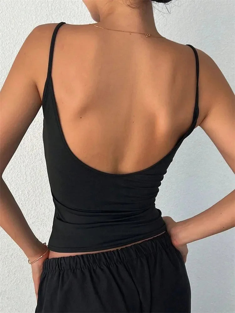 Women Backless Cami Crop Top Summer Solid Color Casual Sleeveless Top Streetwear Y2K Clothes
