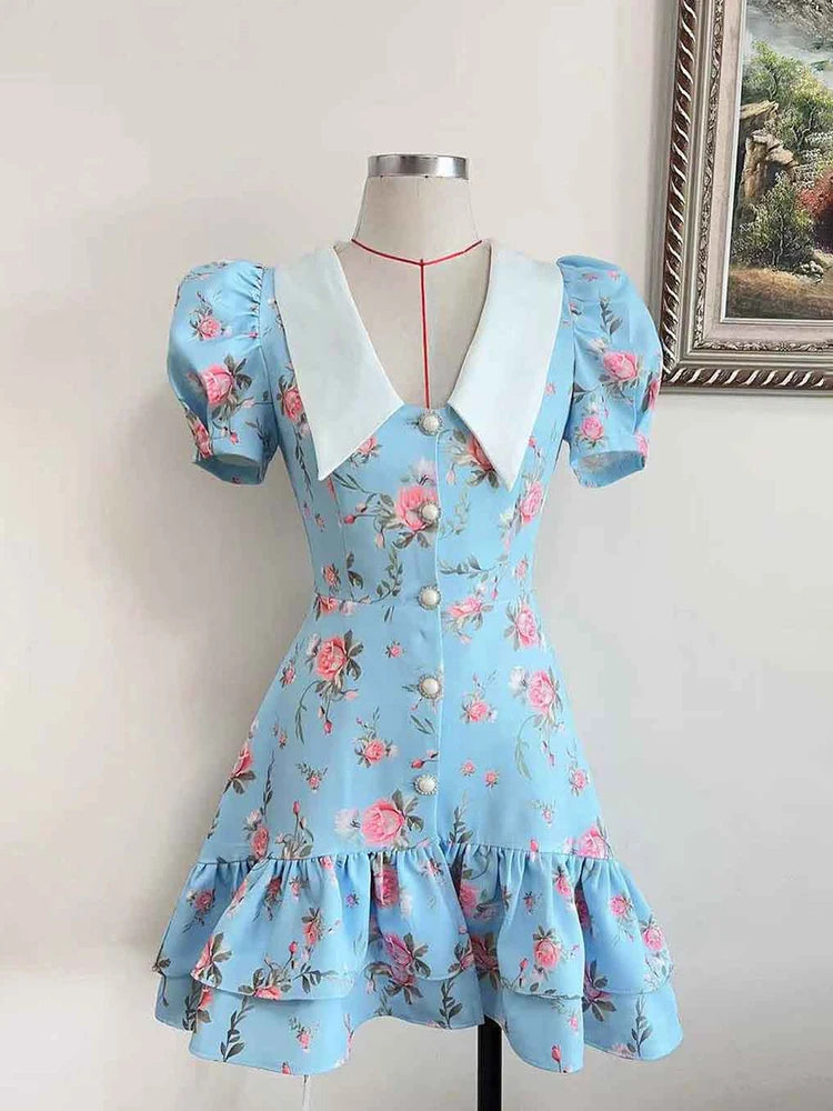 Tornova Print Puff Sleeves Ruffled Dress Women's V-Neck High Waist Pearl Buttons Mini Dress Female Casual Vacation Fashion Dress