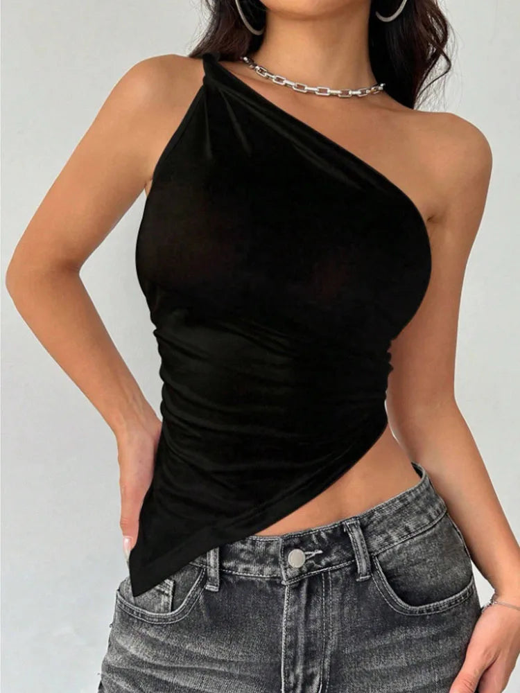 2025 New Fashionable Casual Women's T-Shirt Solid Color Single Shoulder Asymmetrical Slim Fit Top One-Piece Neck