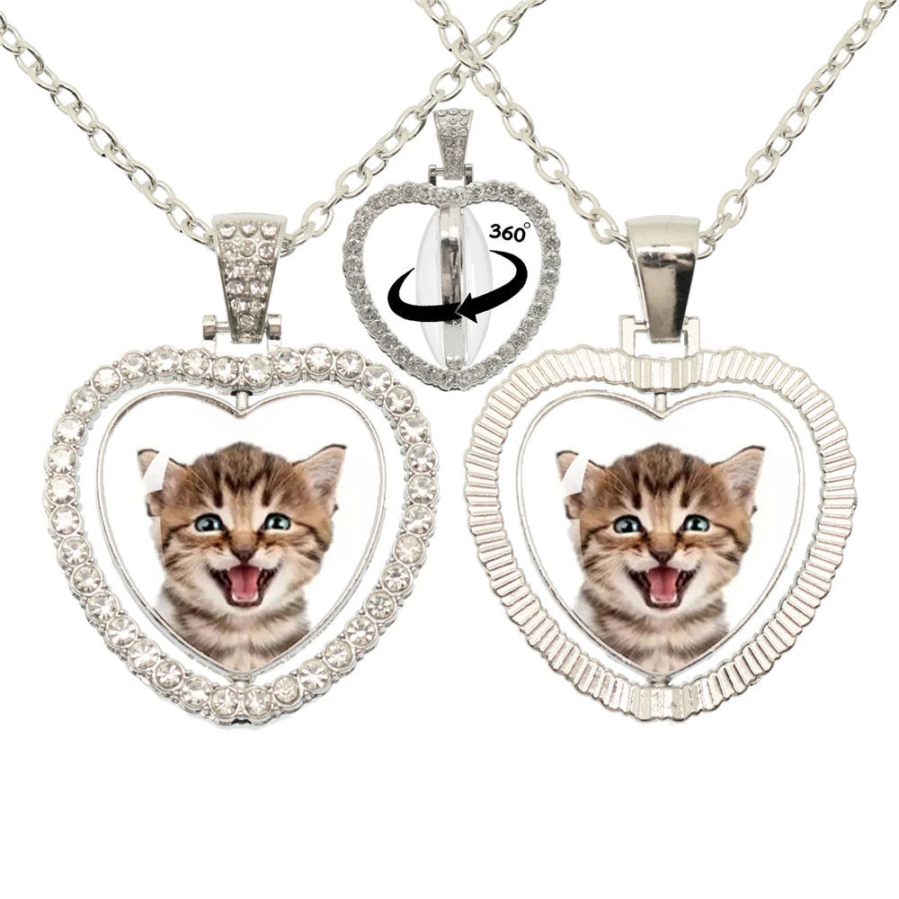 Lovely Little Cat Glass Cabochon 360 Degree Rotating Heart Shaped Pendant With Double-Sided Necklace For Girls' Birthday Gift Je