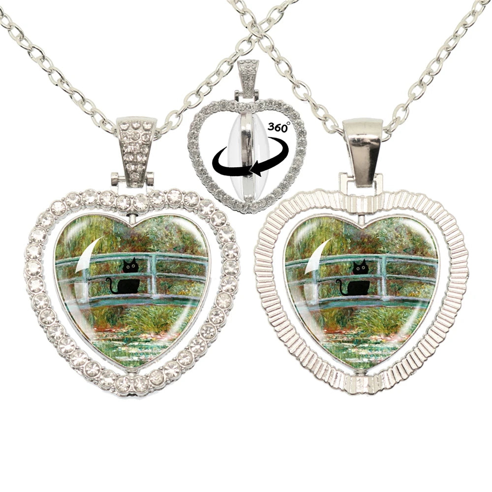 Lovely Little Cat Glass Cabochon 360 Degree Rotating Heart Shaped Pendant With Double-Sided Necklace For Girls' Birthday Gift Je