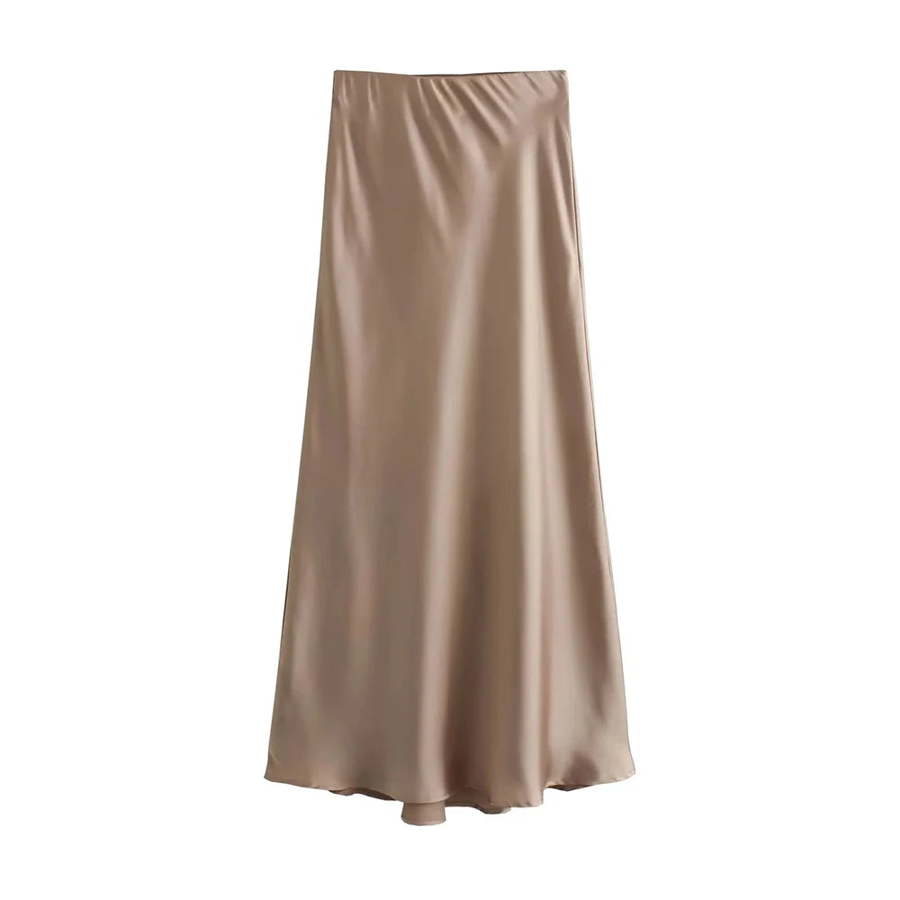 TRZA Women's Soft Touch Silk-Like Midi Skirt High Waist Elastic Waistband Chic Fashion Female Skirts Elegant Mujer