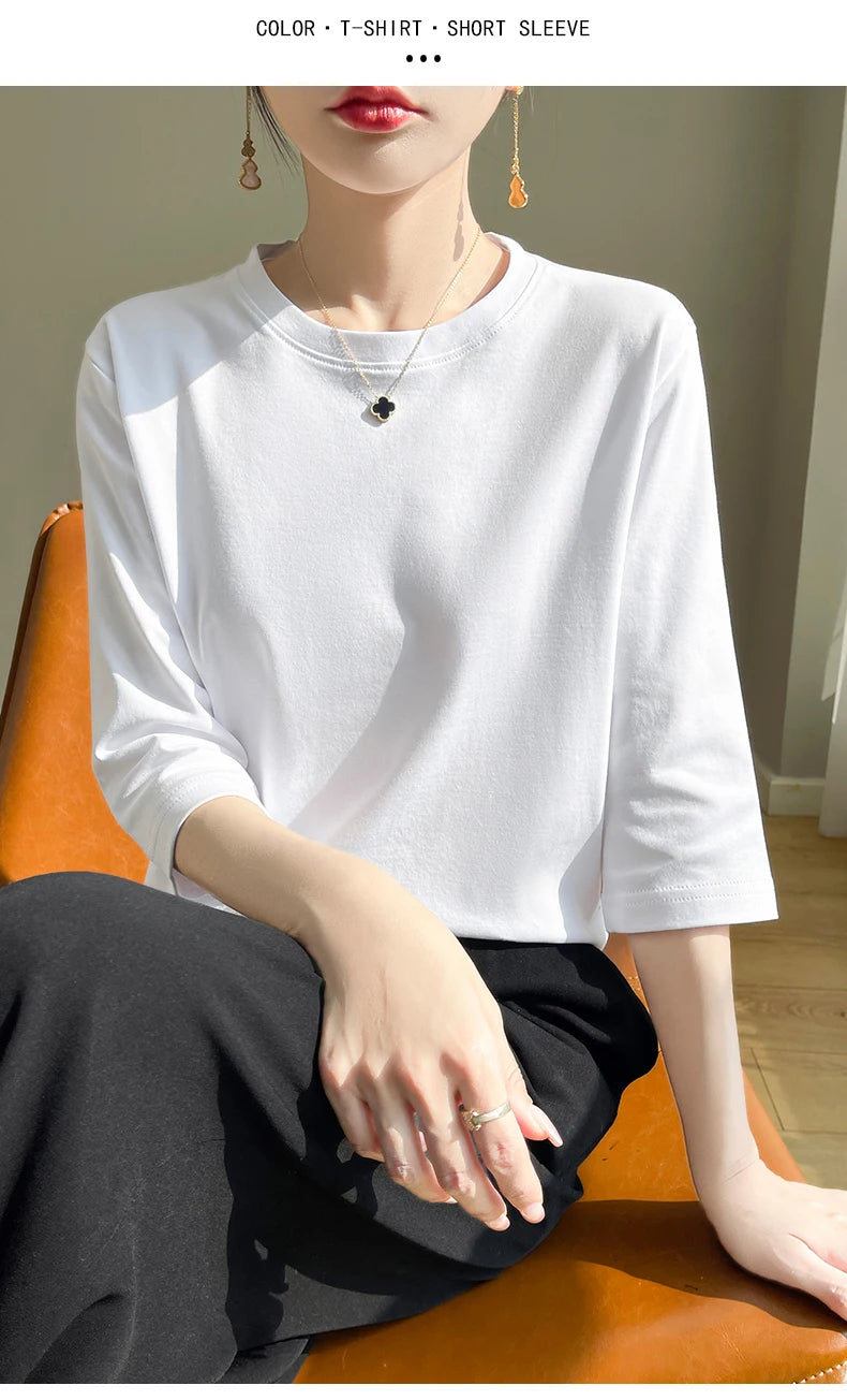 Spring And Summer New White Mercerized Cotton Short Sleeve T-Shirt Feminine Joker Cotton Cropped Sleeve Bottoming Shirt