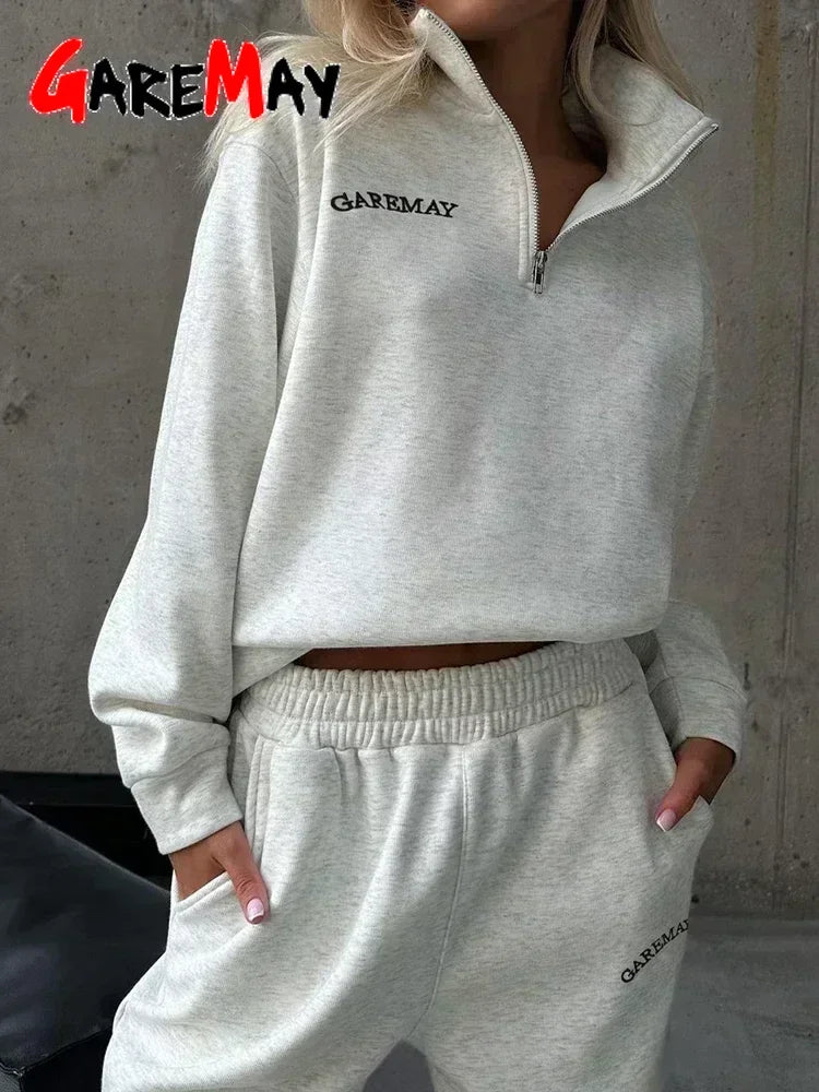 Autumn Women's Tracksuit with Zipper Cotton Oversize White Casual Two Piece Set Women Classic Sports Trouser Suits for Women