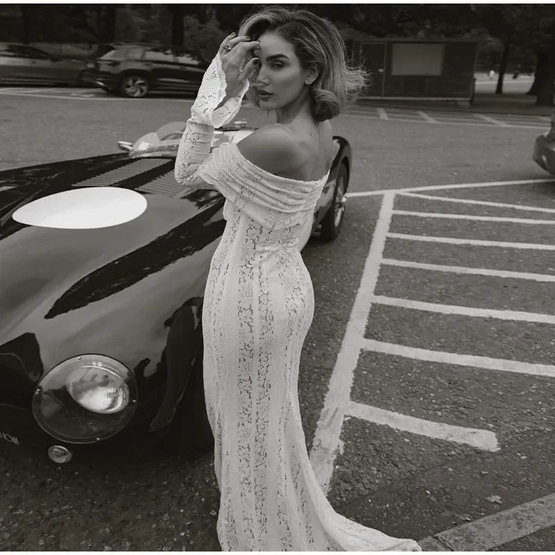 Elegant Cut Out Flared Long Sleeve Maxi Dress Women's Lace Up Hollow Out Off Shoulder Bodycon Vestidos 2025 Lady Outwear Vestido