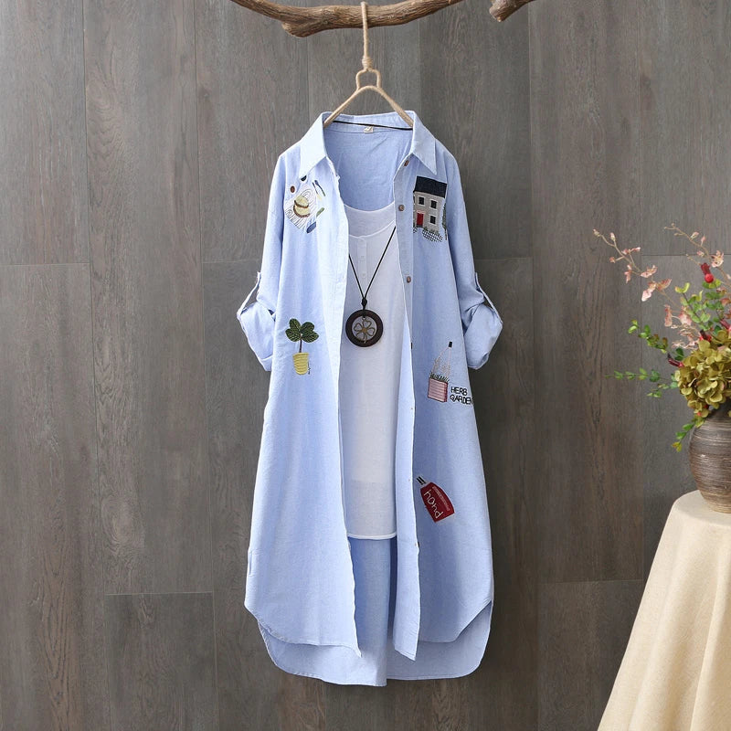 Women Cotton Embroidery Loose Long White Shirts 2025 Spring Autumn New Casual Office Lady Blouse Female Top Loose shirt