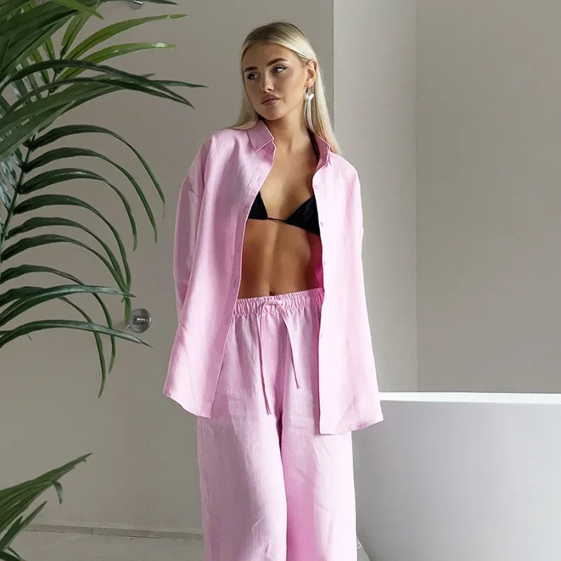 Classic Solid Shirt Pants Set Women Casual Loose Long Sleeved Lapel Elastic Waist Two Piece Suit 2025 New Summer Street Outfit