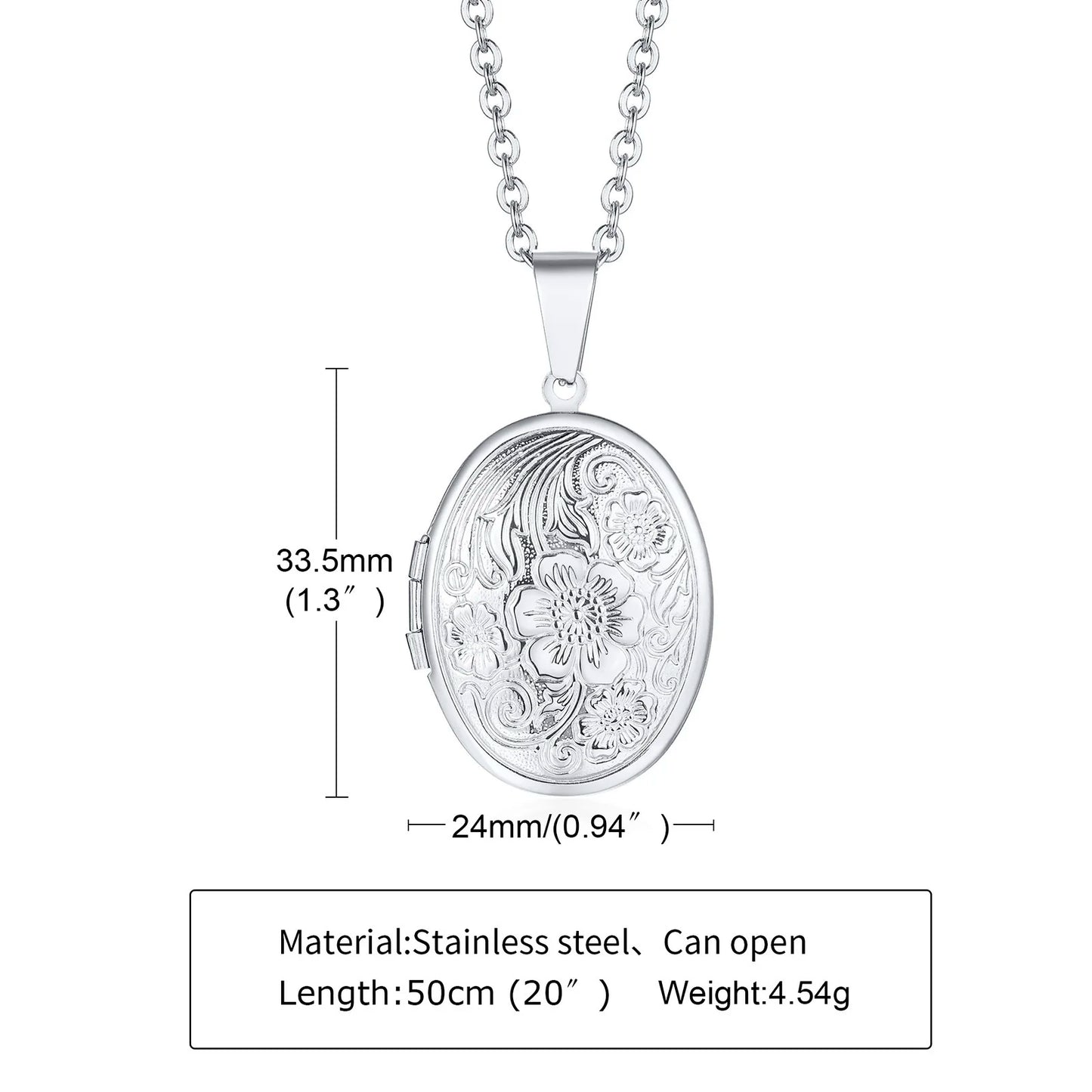 Delicate Floral Oval Heart Locket Pendant Necklaces for Women,Stainless Steel Photo Frame Promise Love Keepsake Gift