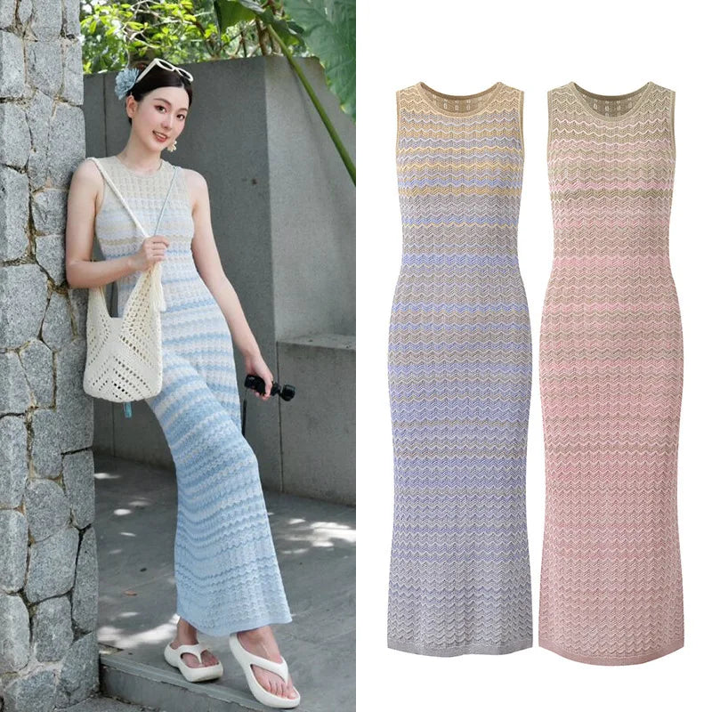CHUJIE Women's Dress 2025 Spring/Summer New Design Gradually Changes Color, Fashion Elegant Slim Fit Round Neck Sleeveless Dress