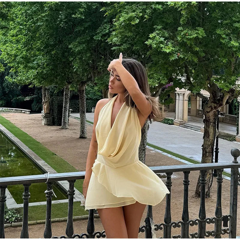 Fashion Solid Women 2 Piece Set Casual Flare Sleeve Lotus Leaf Edge Lace Up Mesh Sheer Shorts Suit 2025 New Lady Commute Outfit