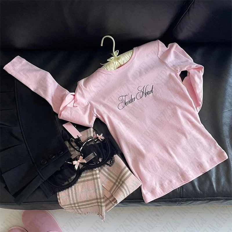 Y2K Emo Girl Gothic Letters Printed Casual Long Sleeve T-Shirt Harajuku Retro Punk Rock Hip Hop Aesthetic Top Women's Streetwear