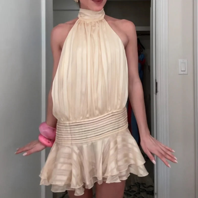 Stunning Shiny Ruffles Lace Up Mini Dress Women's Chic Loose Hollow Out A-line Pleated Vestidos Lady Summer Party Gowns 2025 New