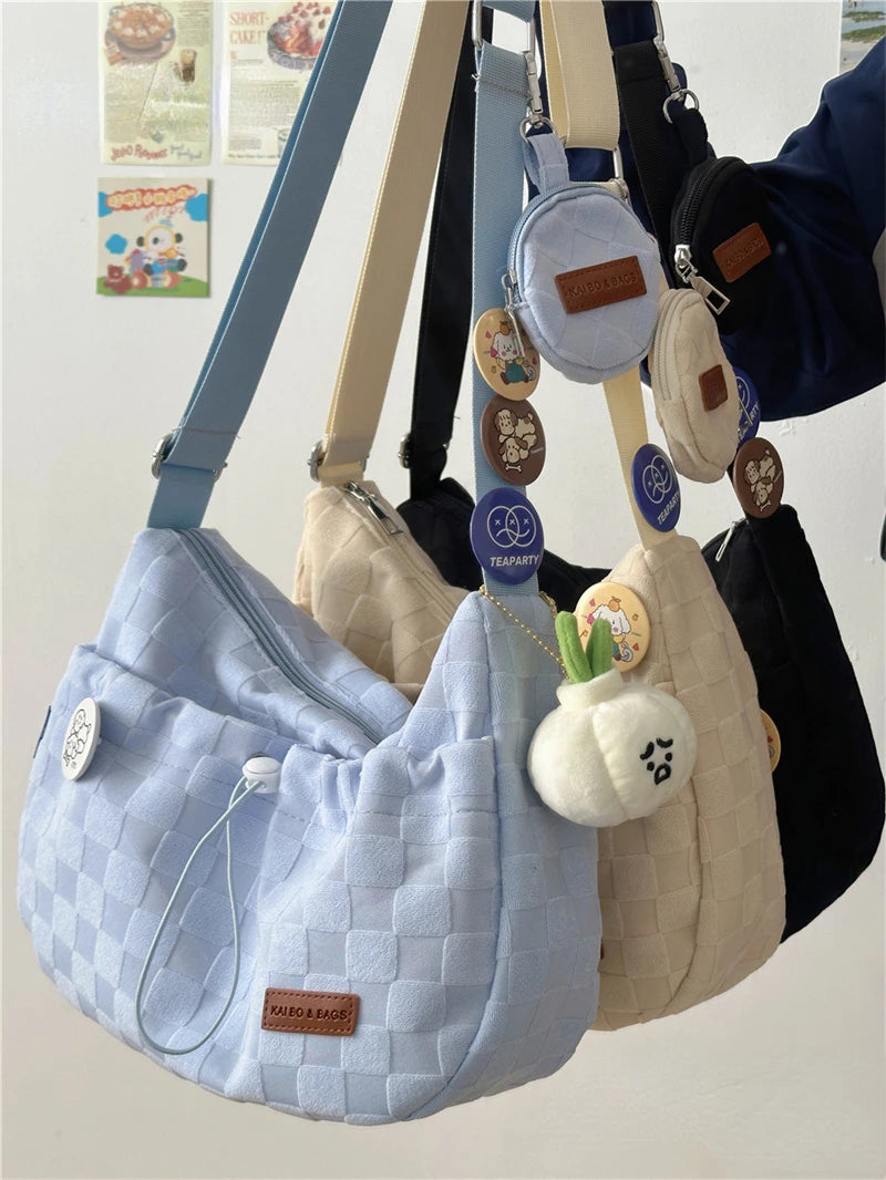 Xiuya Harajuku Style College Crossbody Bag Solid Color Plaid Print Large Capacity Shoulder Bag New Cute Fashion Designer Handbag