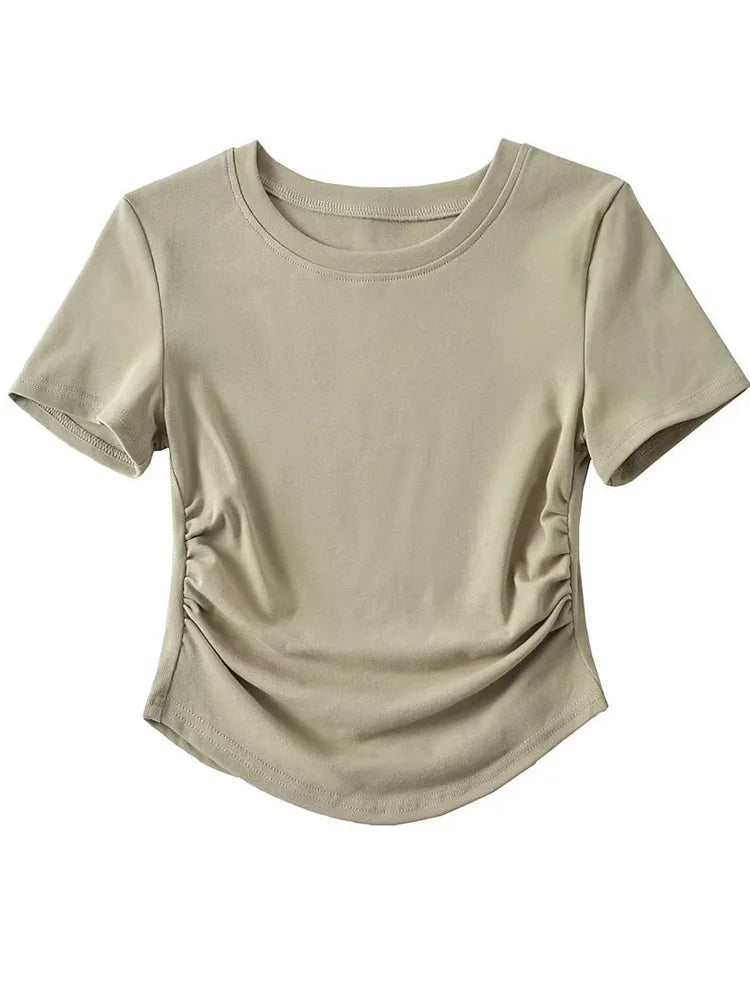 2024 Harajuku Women Crew Neck Short Sleeve Cotton Tee With Ruched Sides Detail T-shirts