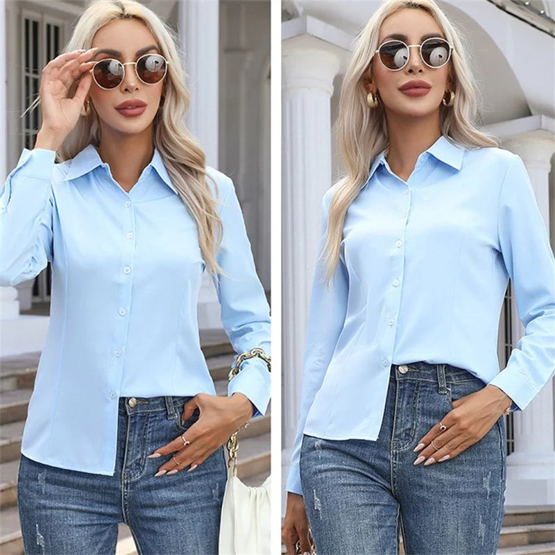 Women Spring Autumn Style Blouses Shirts Lady Casual Long Sleeve Turn-down Collar Solid Color Blouse Tops