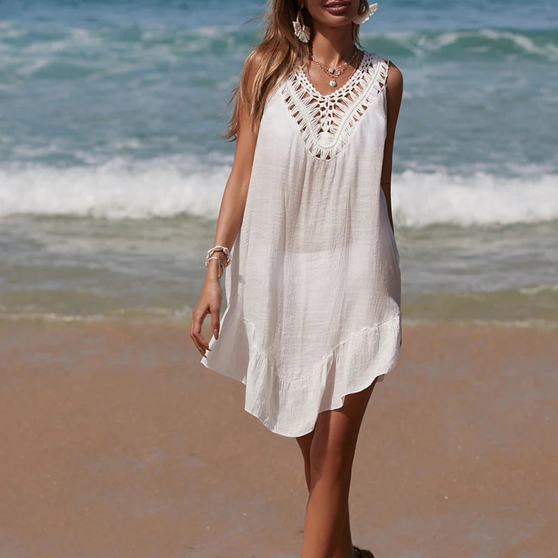 Women V-Neck Backless Hollow Out Short Dress Crochet Splicing Wooden Ear Dress With Colored Balls Beach Swimsuit Cover Up
