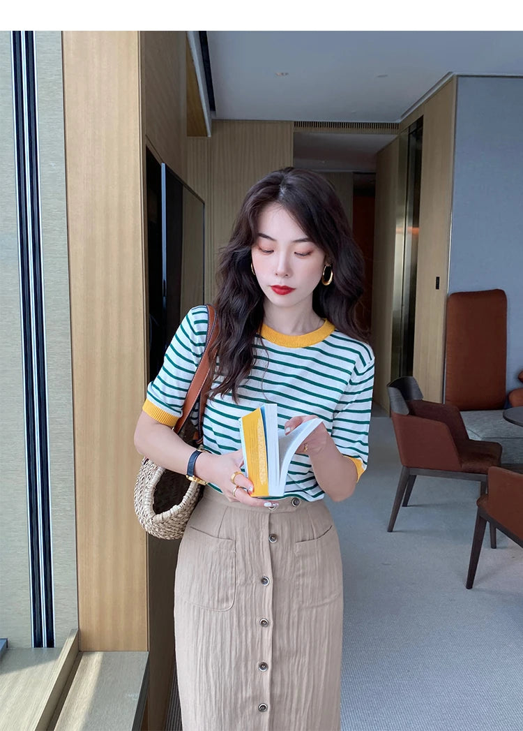 2025 Stripe Tops Women Knitted Round Collar Summer Print Short Sleeve Casual Simple Wild T-Shirt