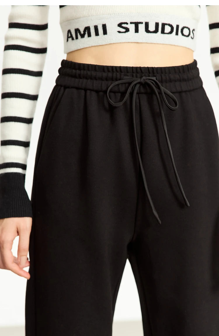 AMII Minimalism Casual Pants for Women 2025 Spring Wide Leg New Loose Vertical Elastic Waist Drawstring Sporty Trousers 12343338