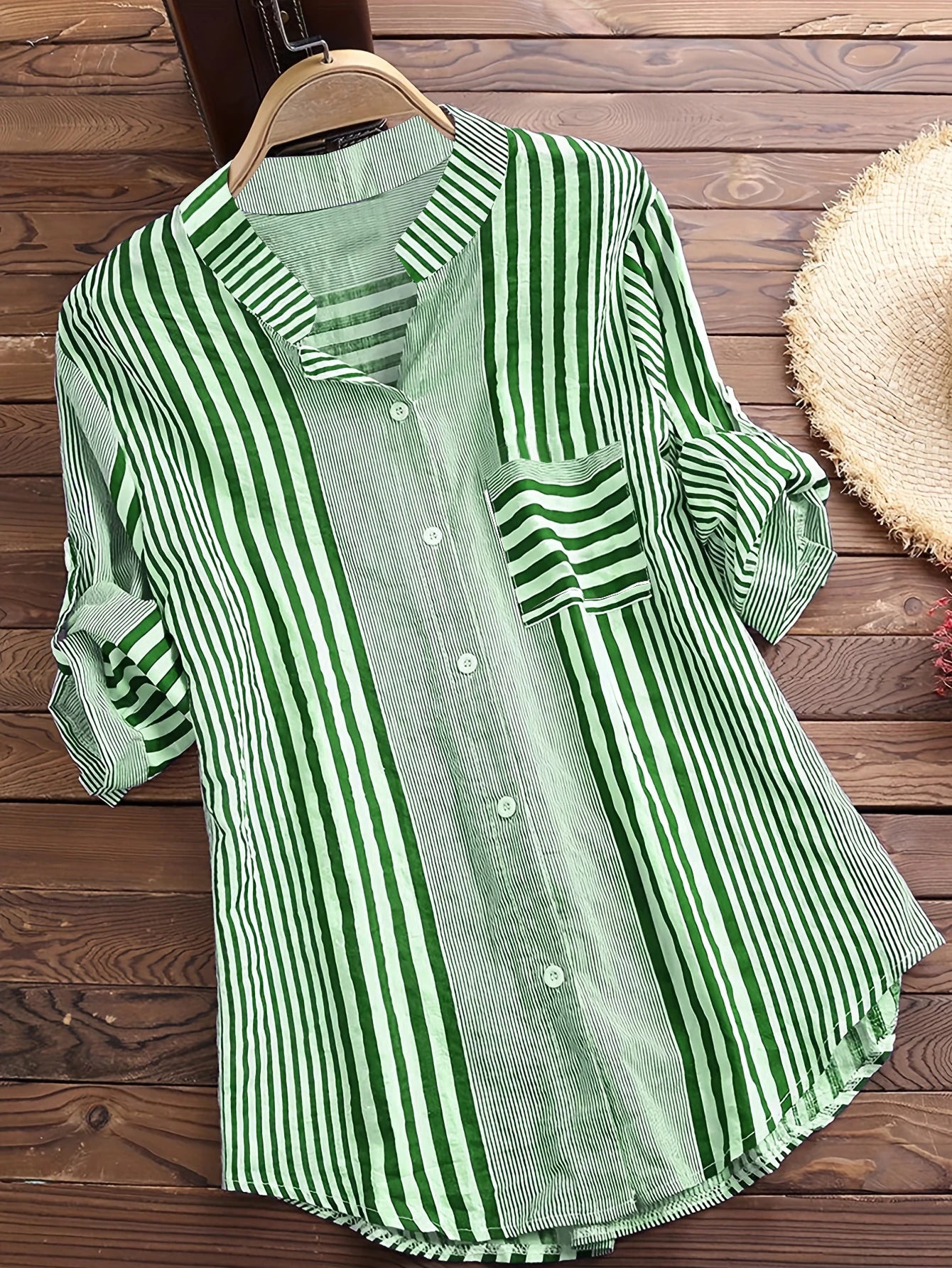 Women's Spring Fall Cotton Linen Long Sleeves Roll Up Striped Casual V Neck Button Down Shirts Blouses Collar Tunic Tops