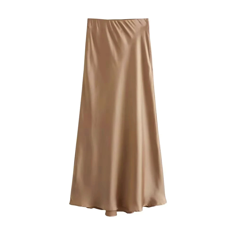 TRZA Women's Soft Touch Silk-Like Midi Skirt High Waist Elastic Waistband Chic Fashion Female Skirts Elegant Mujer