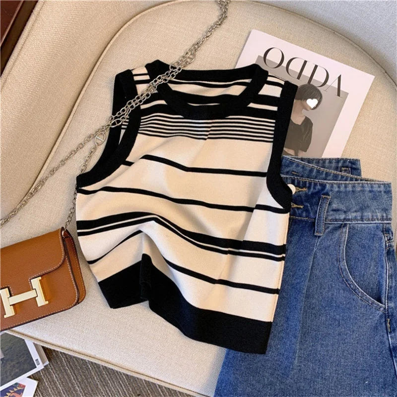 Knitted striped camisole women's summer outer wear French off-shoulder short sleeveless top versatile and trendy