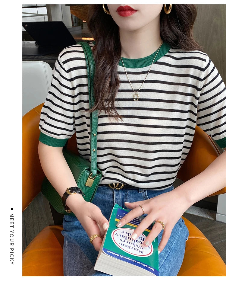 2025 Stripe Tops Women Knitted Round Collar Summer Print Short Sleeve Casual Simple Wild T-Shirt