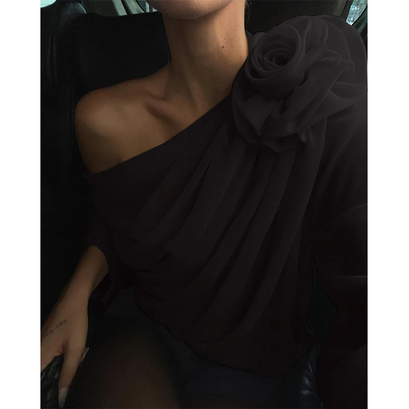 WhereMery Sexy Irregular Oblique-neck Flower Applique T Shirt Summer Off Shoulder Fashion Long Sleeve Crop Tops Street Mesh Tees