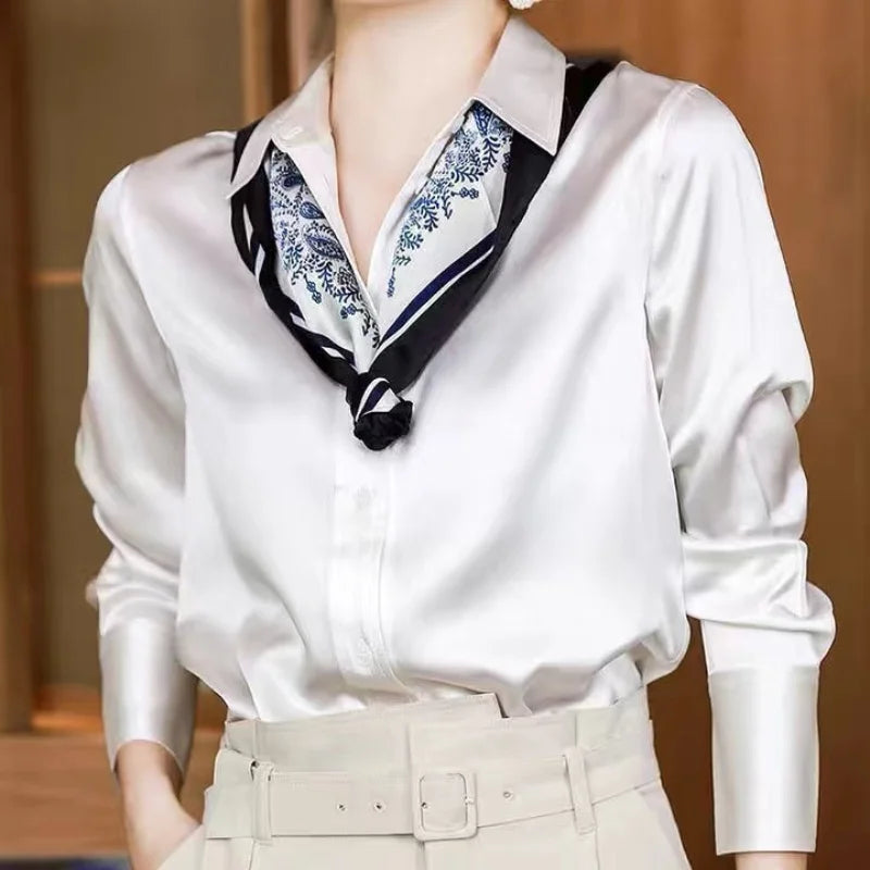Solid Color Elegant Office Lady's Satin Shirt All-Match Trendy Women Shirts And Blouses Basic Chic Top Autumn French Chic Shirt