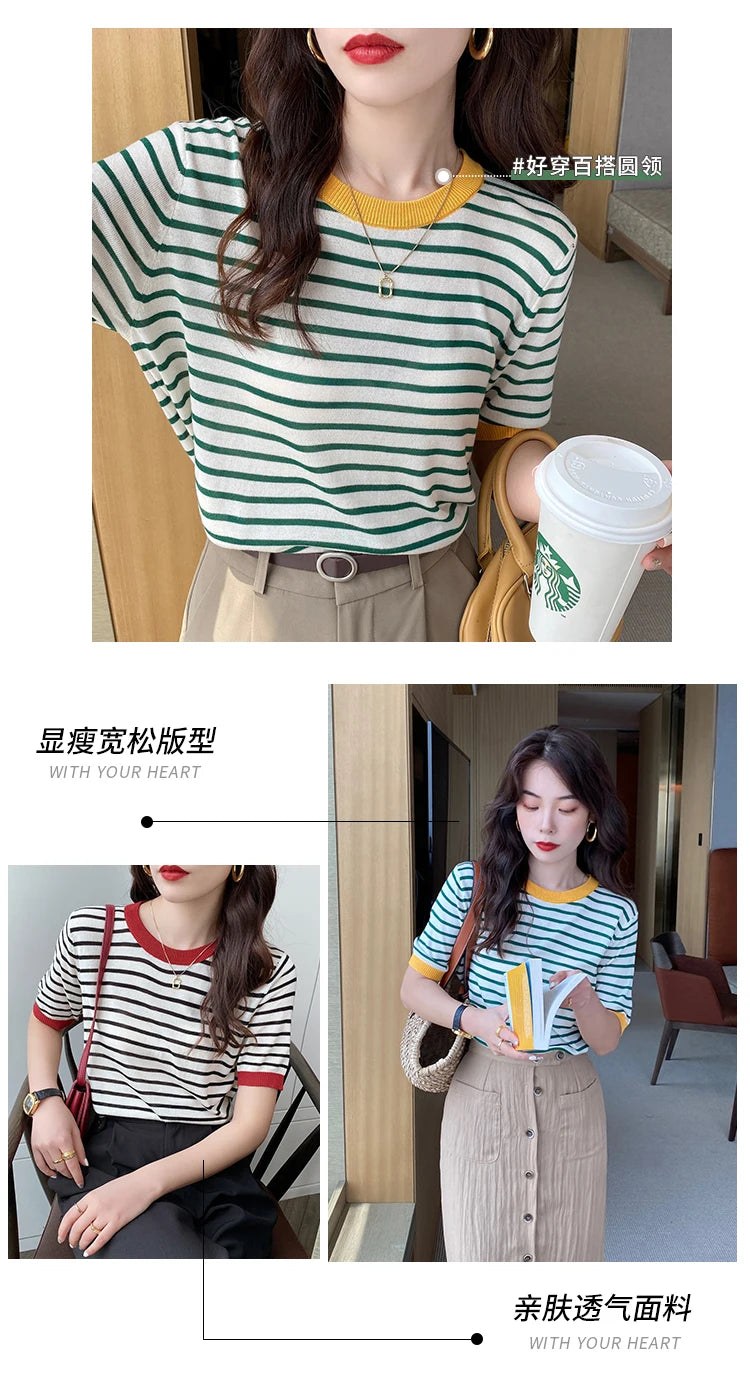 2025 Stripe Tops Women Knitted Round Collar Summer Print Short Sleeve Casual Simple Wild T-Shirt