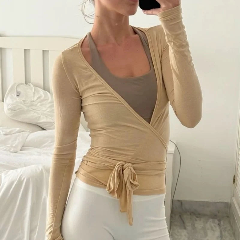 Women's Yoga Shirts Wrap Ruched Tie Front Long Sleeve Workout T Shirts Sexy Deep V Neck Slim Fit Casual Cropped Top