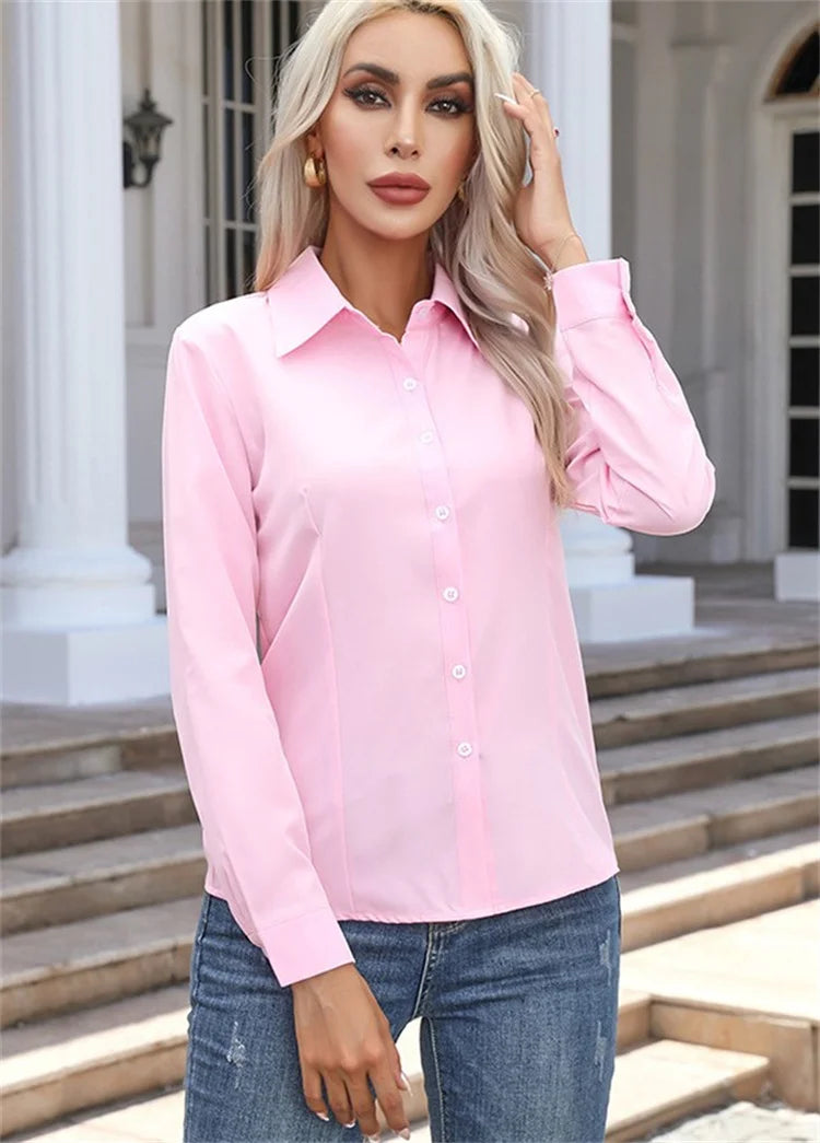 Women Spring Autumn Style Blouses Shirts Lady Casual Long Sleeve Turn-down Collar Solid Color Blouse Tops