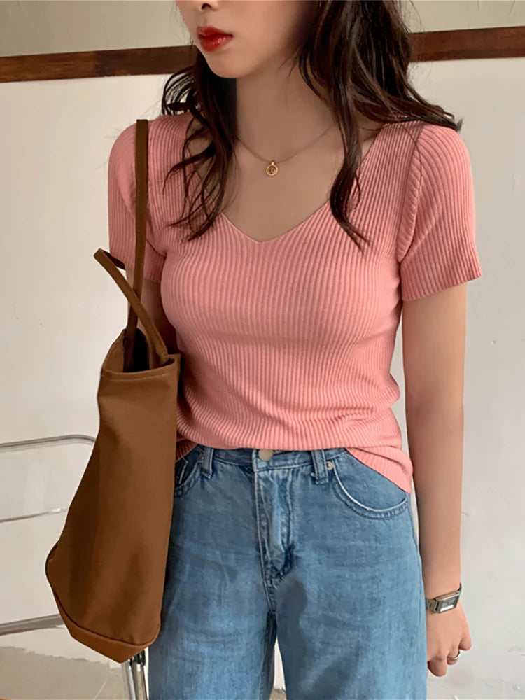 AOSSVIAO 2025 Basic V-neck Solid Thin Summer Pullover Women Female Knitted Ribbed Sweater Slim Short Sleeve Bodycon Sweater