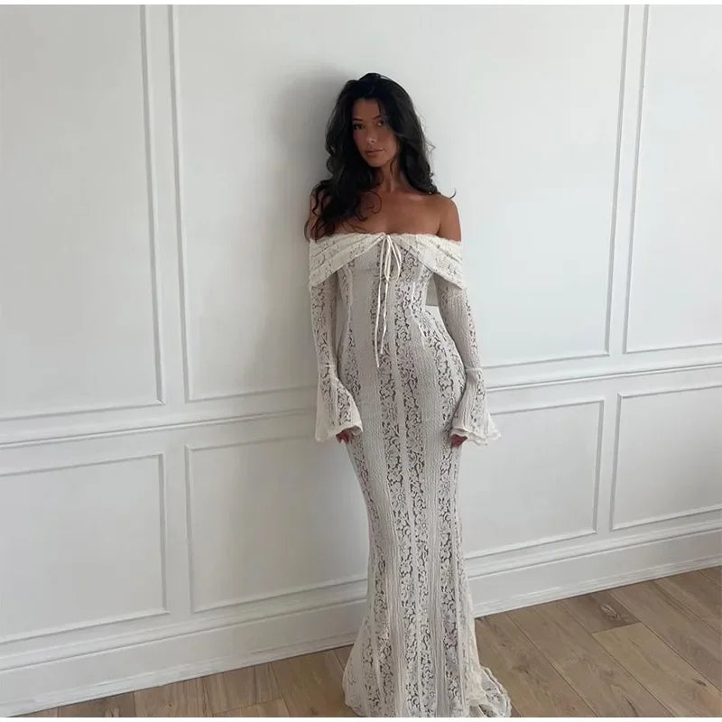 Elegant Cut Out Flared Long Sleeve Maxi Dress Women's Lace Up Hollow Out Off Shoulder Bodycon Vestidos 2025 Lady Outwear Vestido