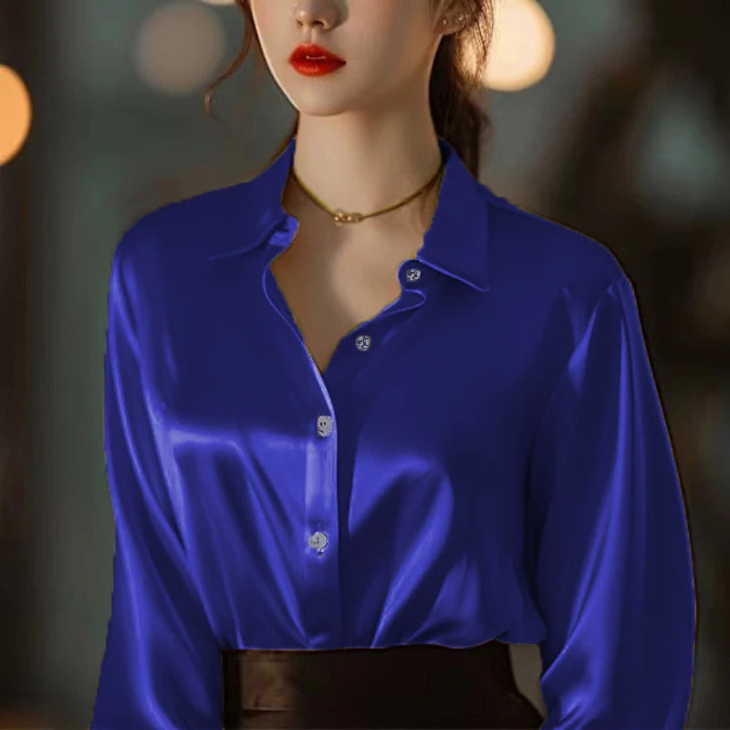 Solid Color Elegant Office Lady's Satin Shirt All-Match Trendy Women Shirts And Blouses Basic Chic Top Autumn French Chic Shirt