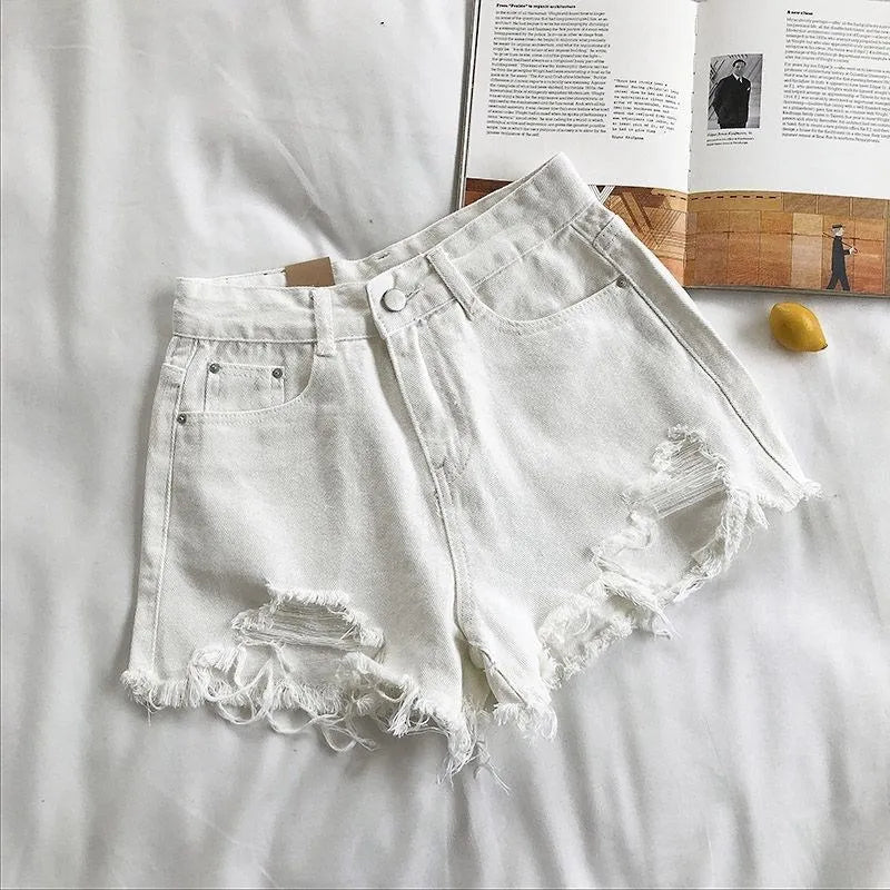 Y2K Vintage Tassel Denim Shorts Fashion Women High Waist Ripped Pocket Korean Jeans Casual Streetwear Blue Solid Hot Trousers