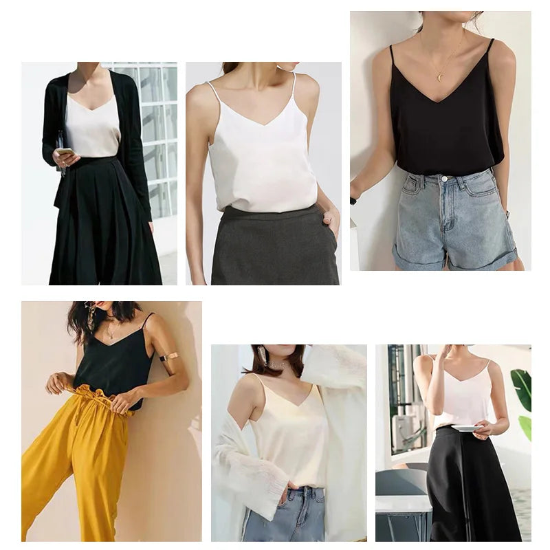 AOSSVIAO 2025 Spaghetti Strap Top Women Halter V Neck Basic White Cami Sleeveless Satin Silk Tank Tops Women'S Summer Camisole