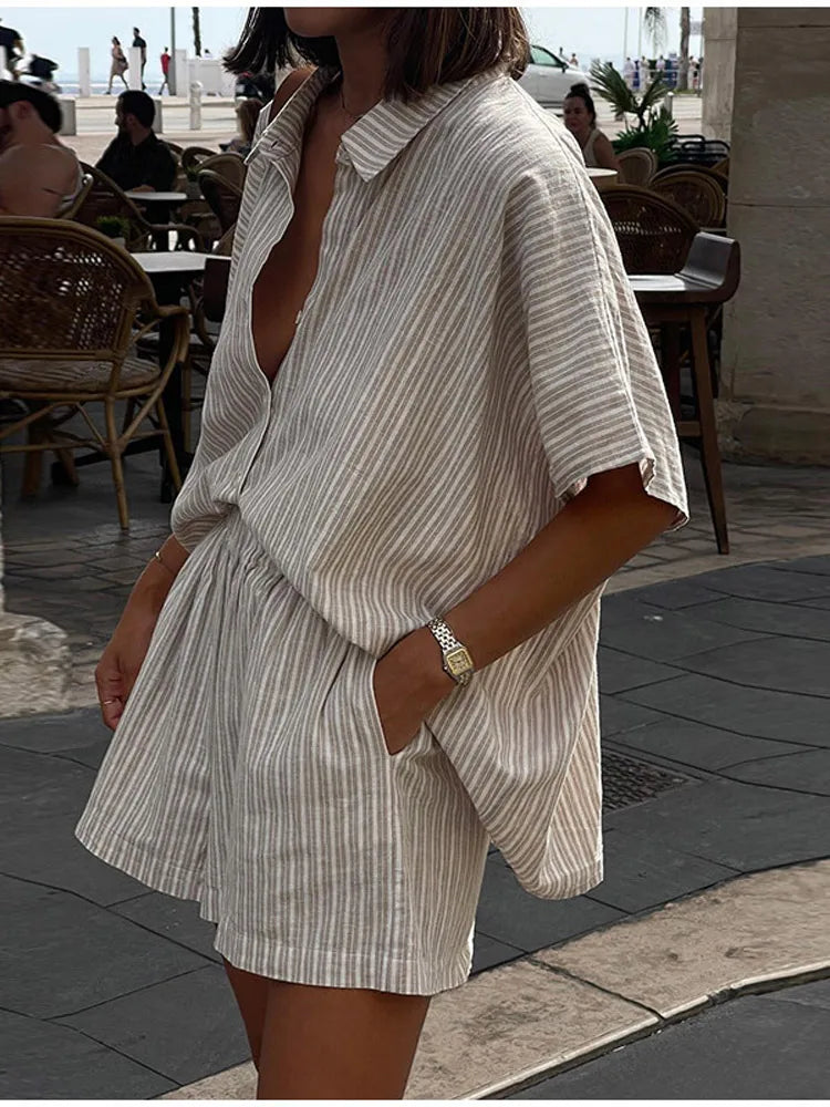 Women Elegant Stripes Cotton Linen Loose Shirt Shorts Suits Fashion Lapel Half Sleeves Elastic Waisted Shorts Summer Lady Outfit