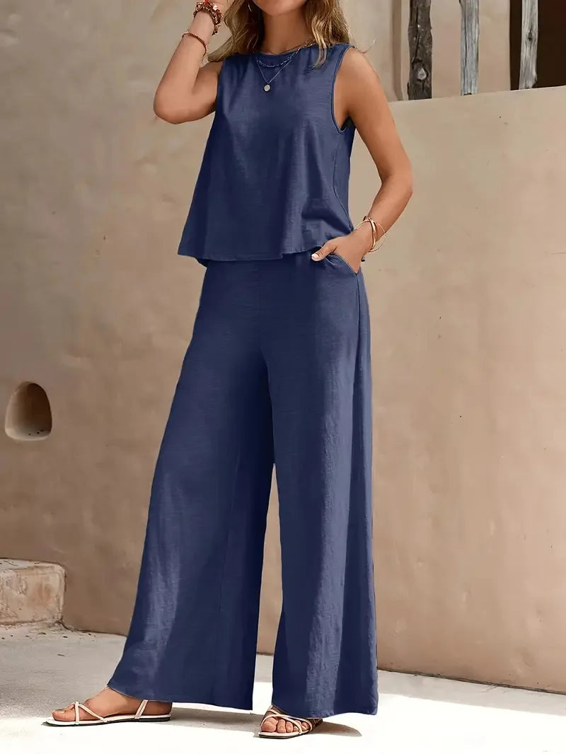 QX Womens Sleeveless Summer 2025 Pants Suit Flash Sale Solid Color Elegant Two Piece Round Neck Suit