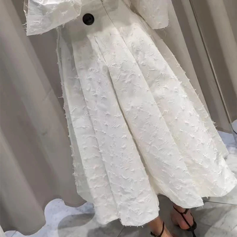 Elegant Shirt Skirt Set Women Lapel Long Sleeve Loose T-shirt High Waist Pleated Long Skirts Suits 2025 Summer Street Lady Sets