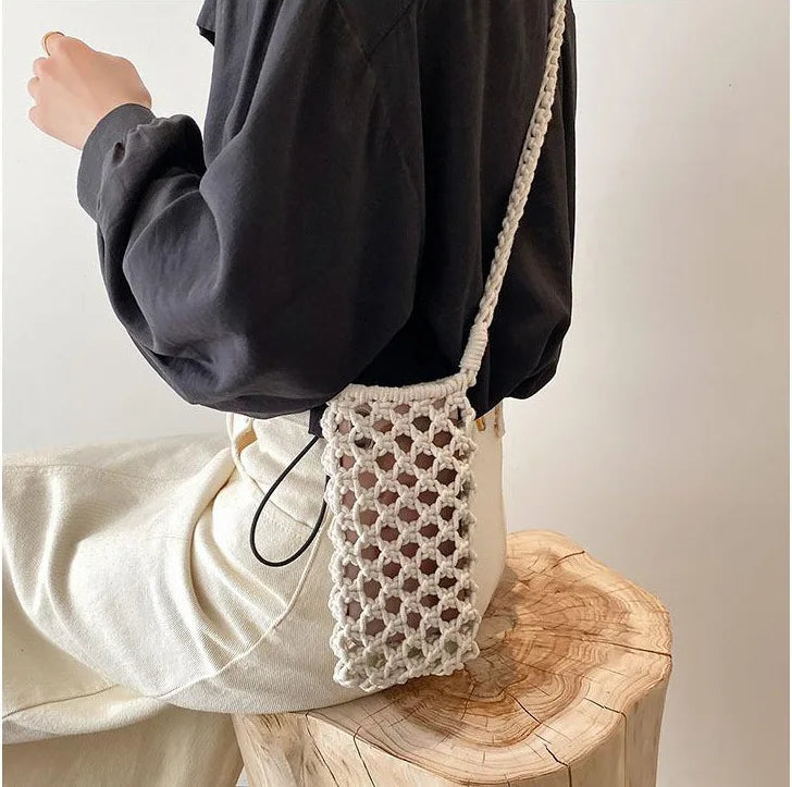 Women Fashion Small Crossbody Phone Bag Solid Color Hollow-out Woven Crochet Lightweight Braided Shoulder Handbag Crossbody Bags