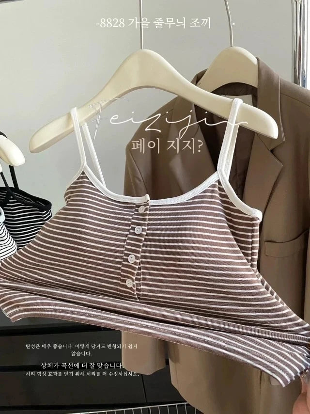 White Stripe Small Cami Women Autumn Gyaru Sexy Button Slim fit Short With Chest Pad Top NS5861
