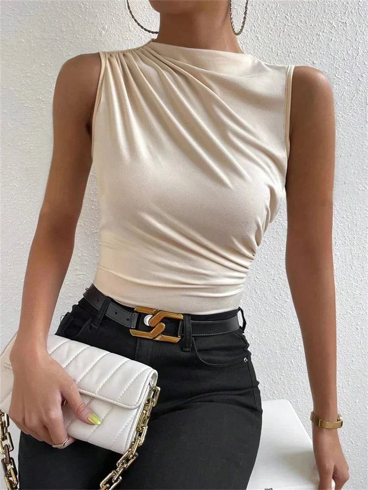 Women's Casual Mock Neck Ruched Tank Top Summer 2024 Solid Color Slim Fit Pleated Sleeveless T Shirt Tee Tshirt Streetwear