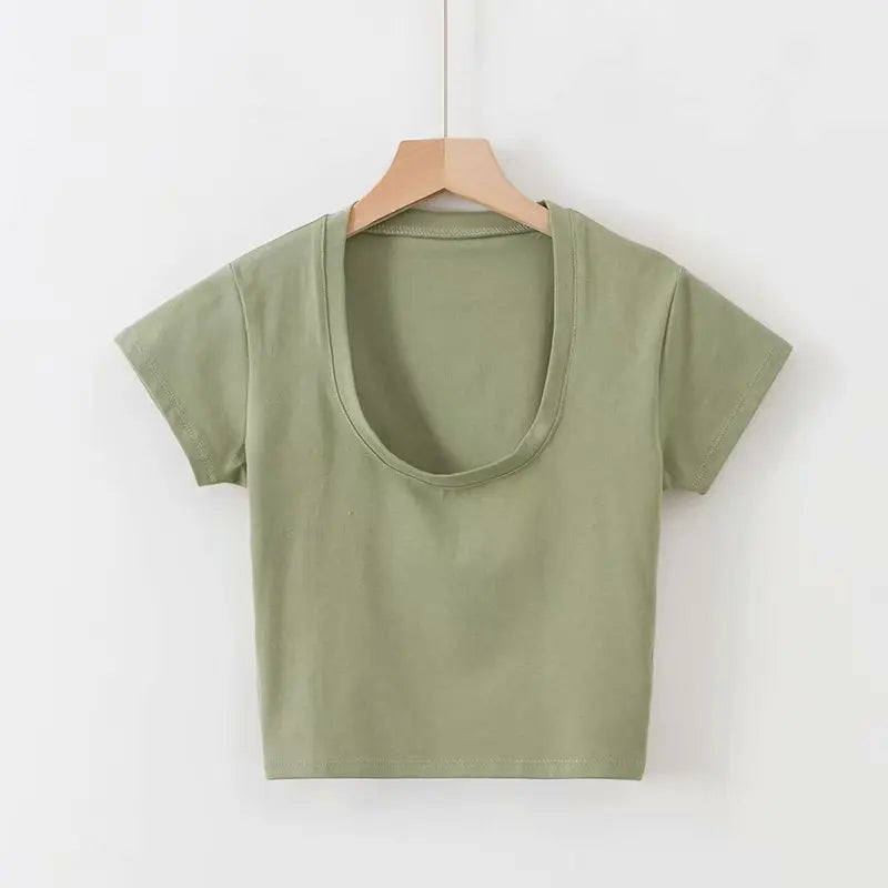 U-Neck Crop Top Solid Color Women Casual High Waist T Shirt Basic Sexy Streetwear Short Sleeve Slimming Tops
