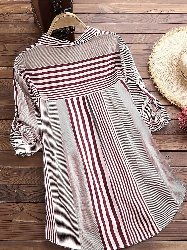 Women's Spring Fall Cotton Linen Long Sleeves Roll Up Striped Casual V Neck Button Down Shirts Blouses Collar Tunic Tops