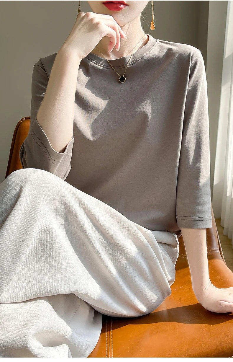 Spring And Summer New White Mercerized Cotton Short Sleeve T-Shirt Feminine Joker Cotton Cropped Sleeve Bottoming Shirt