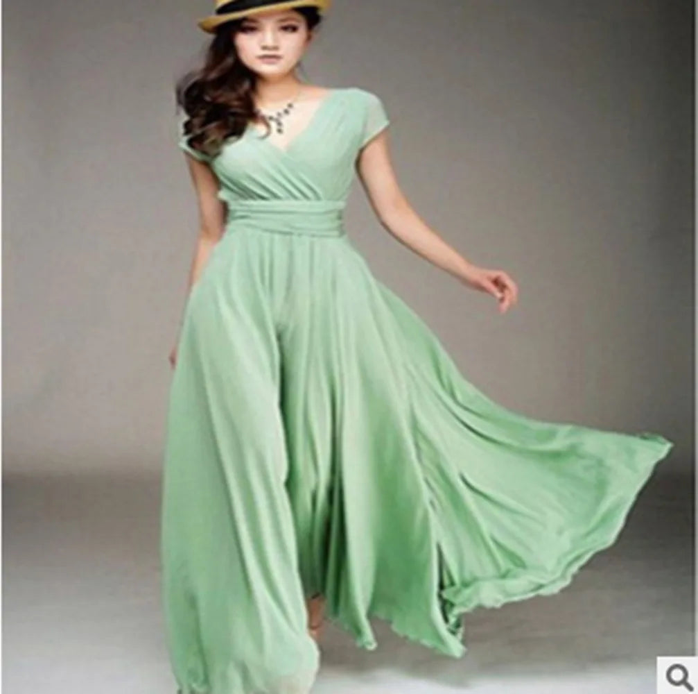 Women's Short-Sleeved Chiffon Evening Dress, Female Party Dress, Monochromatic, Bohemian, Long, Elegant, New, 2022