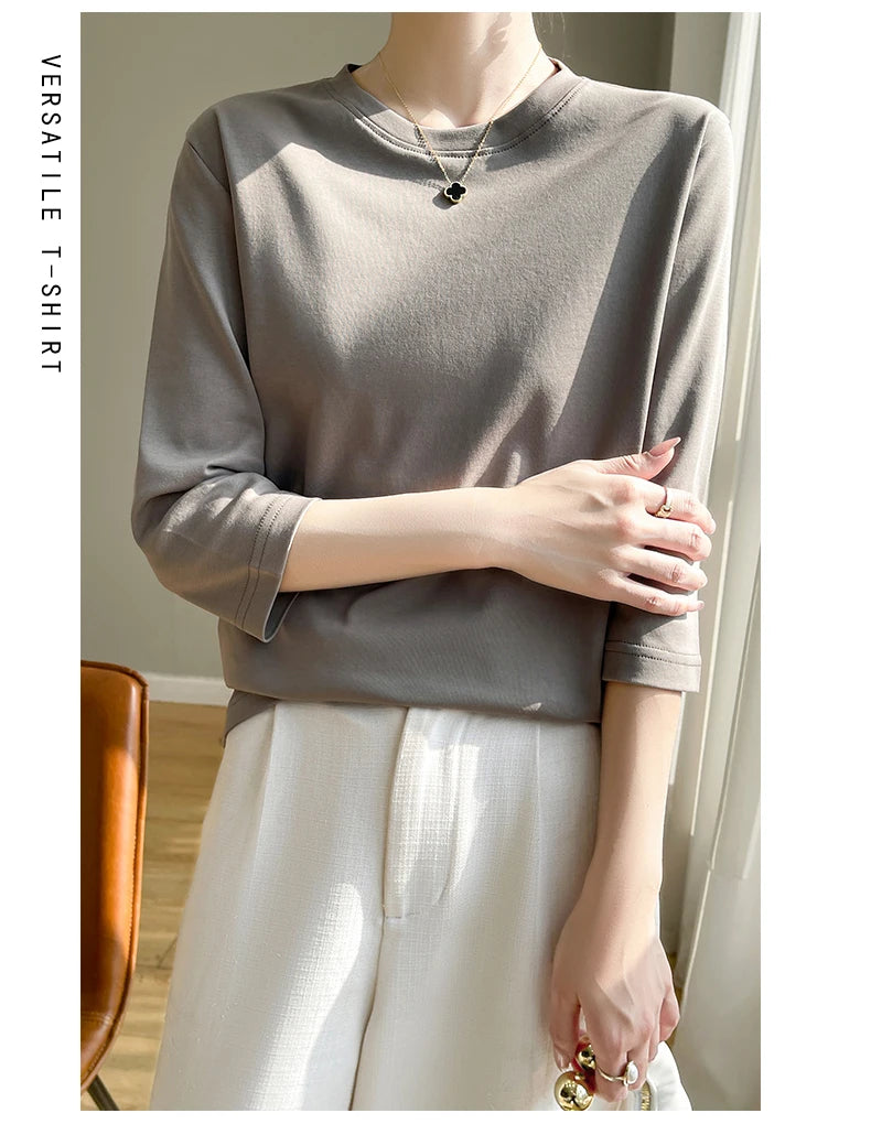 Spring And Summer New White Mercerized Cotton Short Sleeve T-Shirt Feminine Joker Cotton Cropped Sleeve Bottoming Shirt