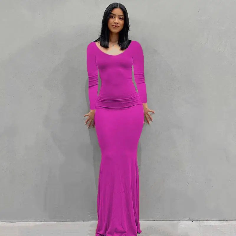 2025 Autumn Long Sleeve Dresses For Women Sexy V Neck Bodycon Solid Elegant Long Dress Y2k Skinny Trumpet Maxi Vestidos