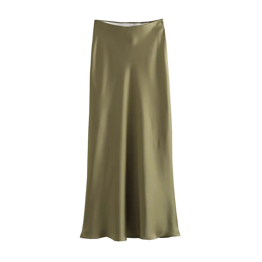 TRZA Women's Soft Touch Silk-Like Midi Skirt High Waist Elastic Waistband Chic Fashion Female Skirts Elegant Mujer